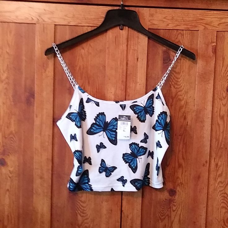 White Top With Blue And Black Butterflies! Chain Like Straps! Super Cute! Nwt Butterfly Clothing, Butterfly Clothes, Black Butterflies, Spaghetti Strap Shirt, Frill Shirt, Light Pink Shirt, Lace Trim Tank Top, Dark Skin Boys, Crop Top With Jeans