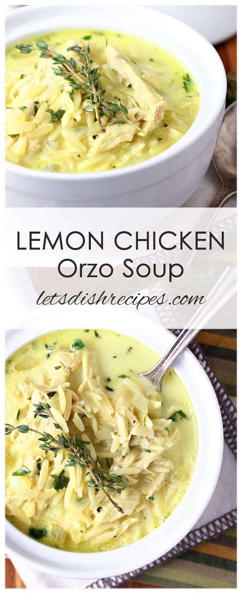 lemon chicken orzo soup in a white bowl with a spoon on the side and an image above it