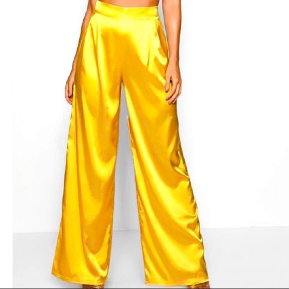 Yellow Satin Pants Wide Leg Side Zip. Summer Wide-leg Satin Pants, Wide-leg Satin Pants For Summer, Summer Satin Wide-leg Pants, Summer Party Satin Bottoms, Wide Leg Satin Pants With Pockets, Casual High Waist Satin Bottoms, Solid Satin Pants For Night Out, Satin Pants For Summer Night Out, Solid Color Satin Pants For Night Out