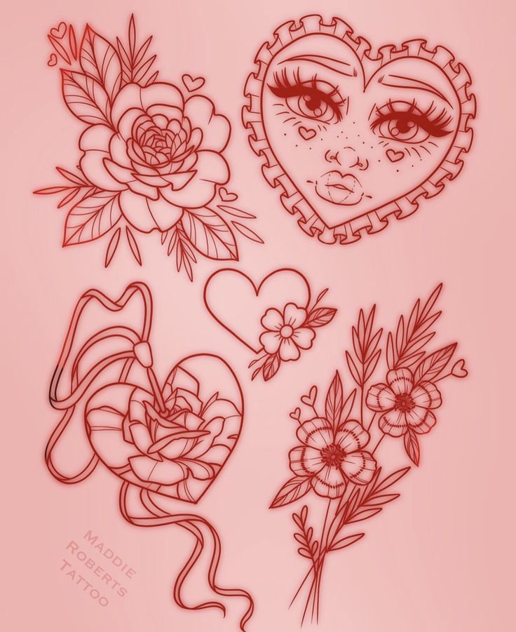 some flowers and hearts on a pink background