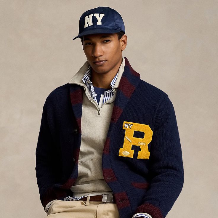 This shawl-collar cardigan features a chenille “R” patch at the chest that is detailed with “NY” embroidery and varsity-inspired plaques. Men's Winter Style, Preppy Aesthetic Ivy League, Ralph Lauren Aesthetic Men, Ralph Lauren Style Men, Polo Ralph Lauren Aesthetic, Ralph Lauren Americana, Collegiate Aesthetic, Letterman Cardigan, Lacoste Outfit