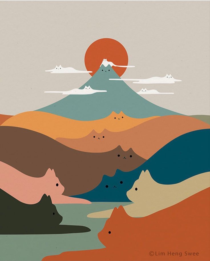 an image of mountains with animals in the foreground and a sun setting behind them