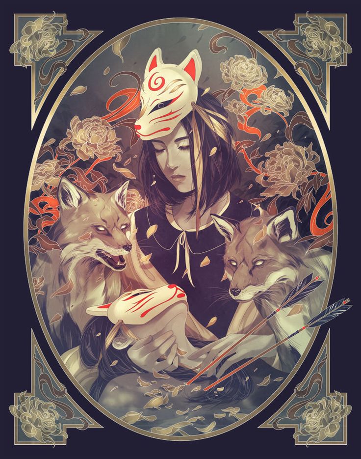 a woman with an animal mask sitting in front of two foxes and holding a bow