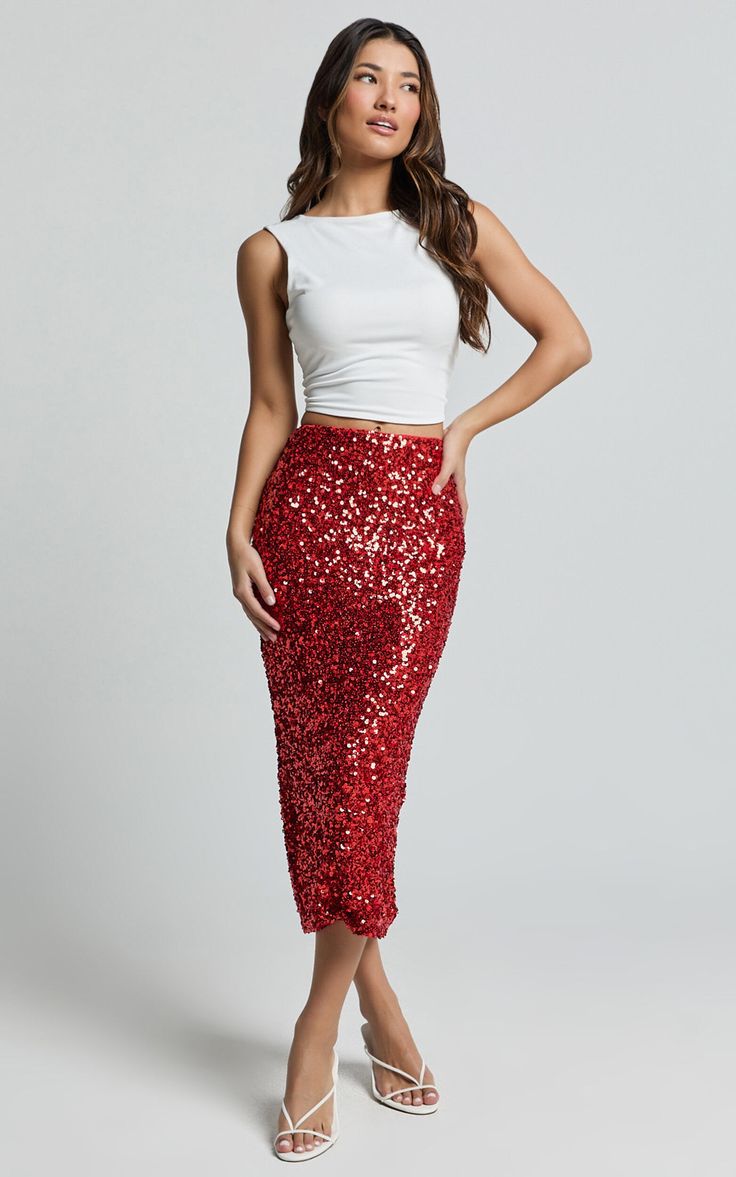 Hasley Midi Skirt - Sequin Bodycon Skirt in Red | Showpo USA Red Sequin Skirt, Red Midi Skirt, Red Sequin Dress, Basic Black Dress, Neon Outfits, Bachelorette Dress, Spring Maxi Dress, Navy Bridesmaid Dresses, Red Midi