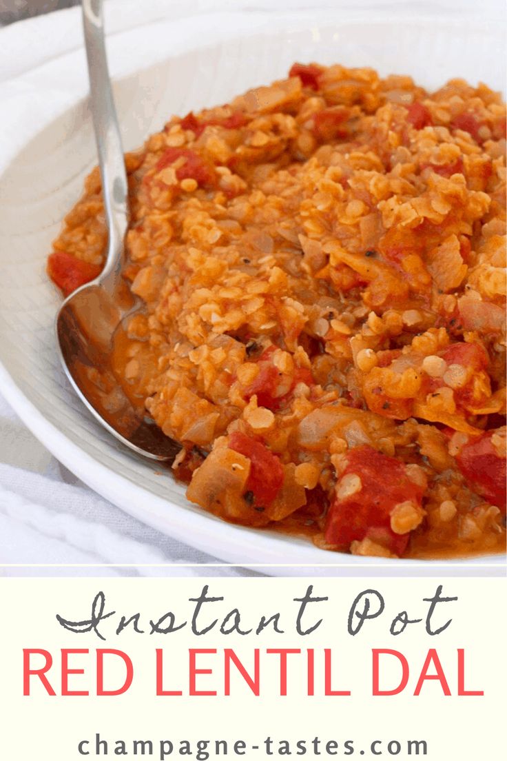 instant pot red lentil dal recipe in a white bowl with a spoon on the side