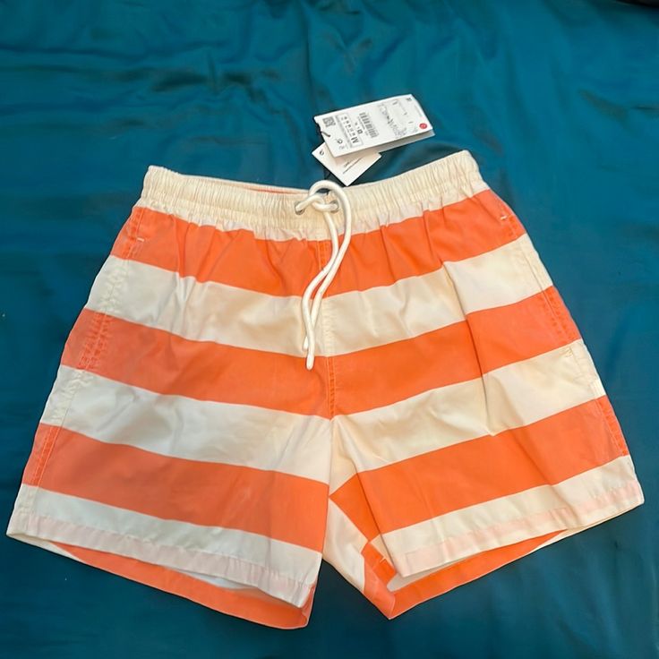 Zara Mens Swimsuit 5in Inseam Size Medium New With Tags Striped Cotton Swim Trunks For Spring, Spring Striped Cotton Swim Trunks, Spring Striped Cotton Swimwear, Casual White Swim Trunks For Poolside, White Cotton Swim Trunks For Beach Season, White Swim Trunks For Spring Beach, White Swim Trunks For Spring Swimming, White Swim Trunks For Spring Beach Outing, White Swim Trunks For Swimming