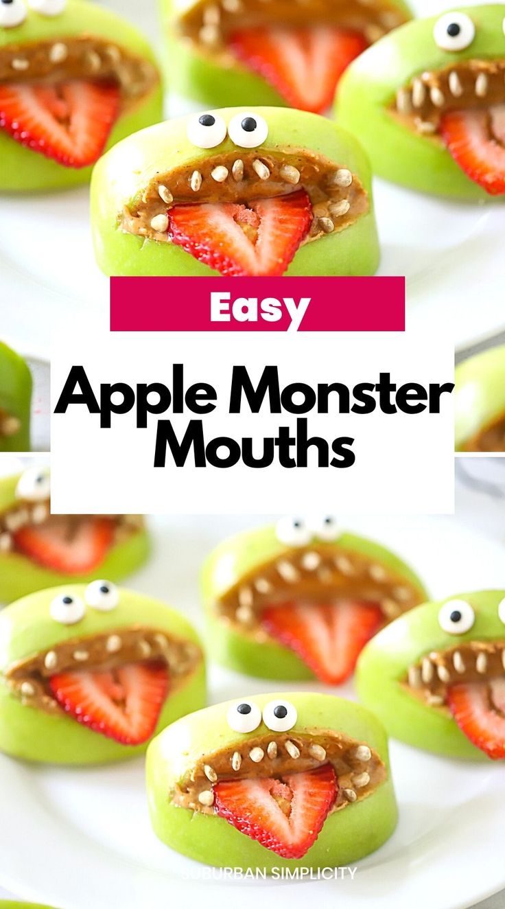 apple monster mouth muffins on a white plate with strawberries and googly eyes