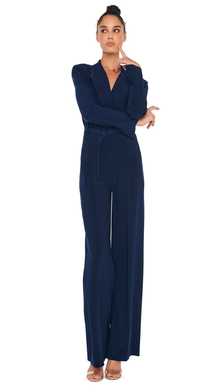 DB STRAIGHT LEG JUMPSUIT – True Navy – Norma Kamali V-neck Jumpsuits And Rompers With Pockets For Work, Fitted Jumpsuits With Belt Loops For Night Out, Chic V-neck Business Casual Pantsuit, Tailored Jumpsuits And Rompers For Office, Fitted Belted Jumpsuits And Rompers For Work, Elegant Belted Jumpsuits And Rompers For Office, Chic Formal Jumpsuits And Rompers With Pockets, Formal Belted V-neck Jumpsuits And Rompers, Formal V-neck Belted Jumpsuits And Rompers