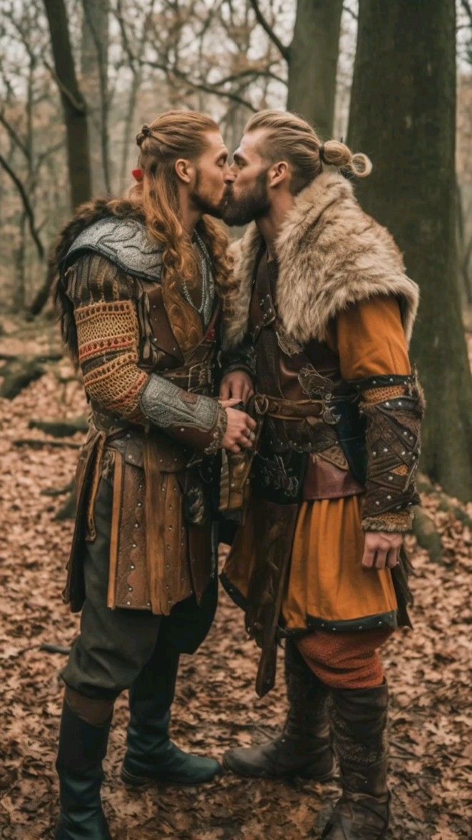 two men dressed in medieval costumes kissing each other while standing in the woods with trees behind them