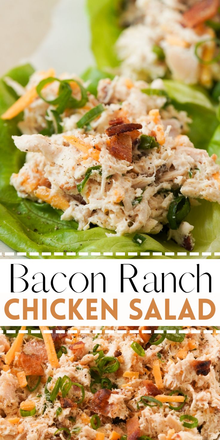 bacon ranch chicken salad in lettuce leaves on a white plate with text overlay