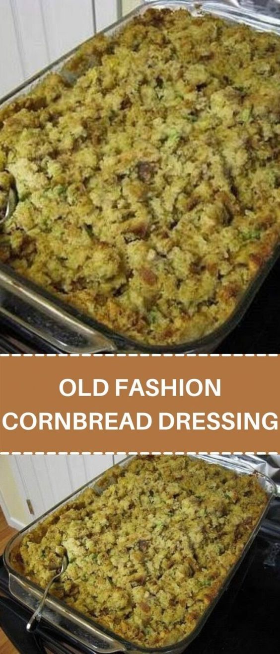 an old fashion cornbread dressing recipe is shown in two separate pans on the stove