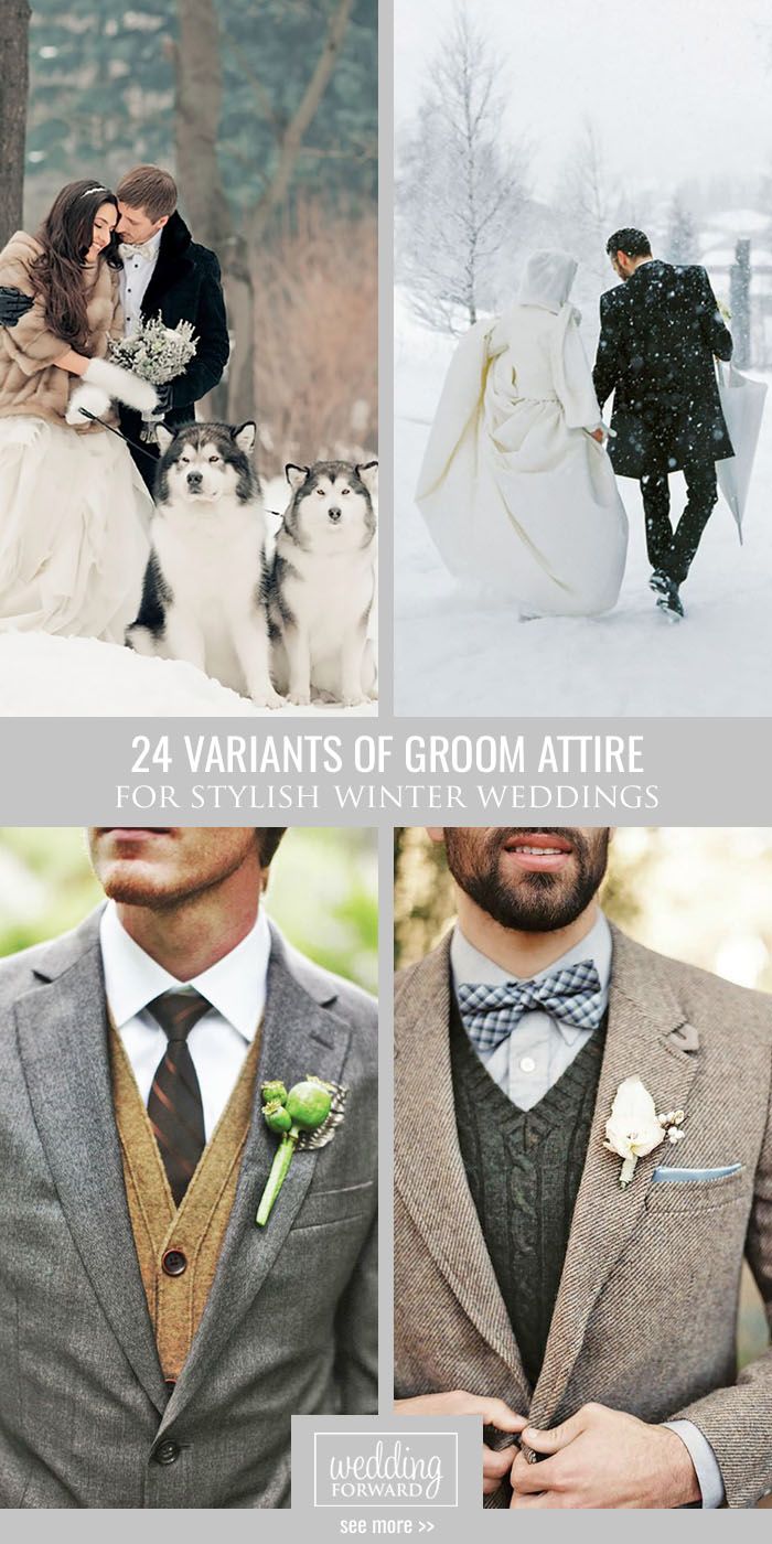 four different pictures with the words 24 variations of groom attire for stylish winter wedding