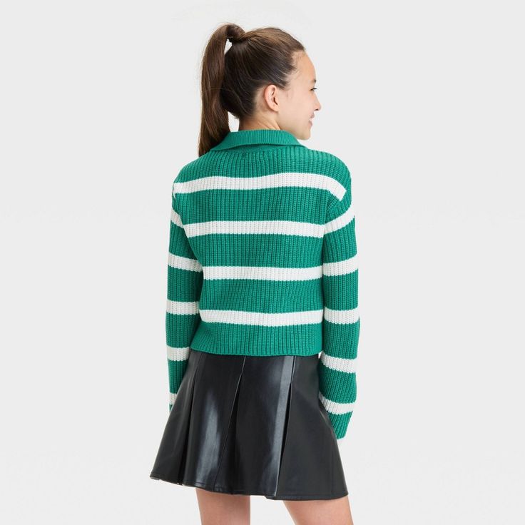 Add an on-trend twist to your child's cool-weather outfits with this Striped Johnny Collar Sweater from art class™. This pullover sweater is fashioned with a classic striped design and is framed by a polo neckline with a ribbed Johnny collar for added flair. Crafted for both style and comfort, the long-sleeve sweater is made from lightweight acrylic fabric for cozy wear. art class™: One-of-a-kind looks for the one and only you. Preppy Winter School Sweater, Preppy Winter Sweater For School, Trendy Long Sleeve Sweater For School, Trendy Green Sweater With Ribbed Collar, Playful School Top For Fall, Preppy Winter Sweater With Ribbed Collar, Trendy Spring Sweater With Ribbed Collar, White Winter Sweater For School, Trendy Tops For School In Fall