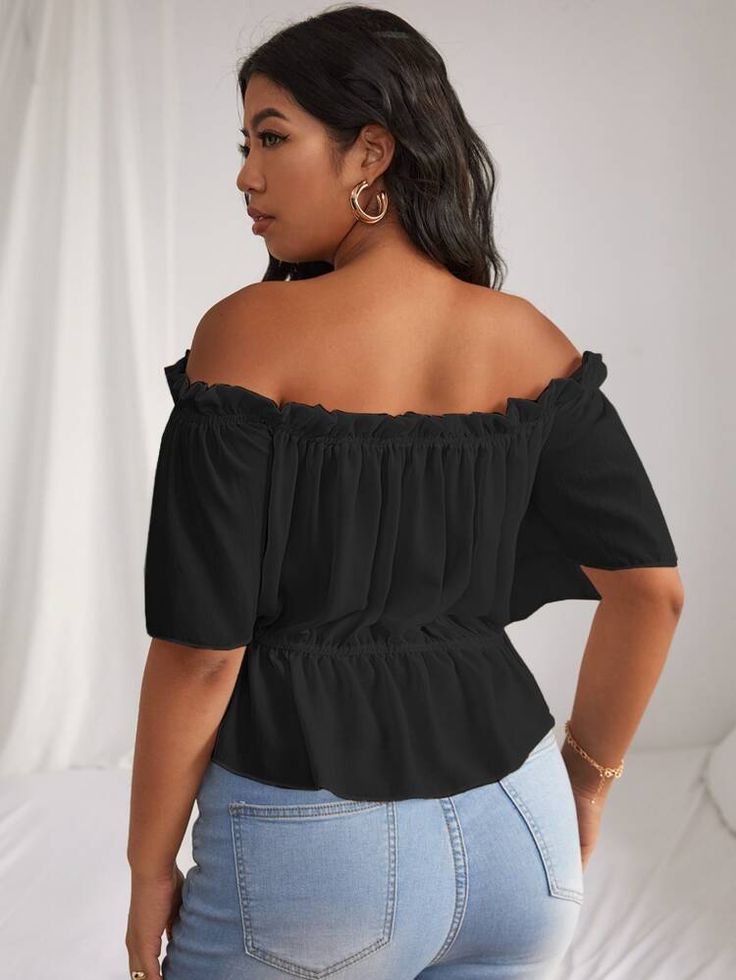 Plus Ruffle Hem Bardot Blouse | SHEIN USA Bardot Blouse, Applique Blouse, Plus Size Summer Tops, Lantern Sleeved Blouses, Plus Size Summer, Butterfly Sleeves, Floral Print Tops, Plus Size Blouses, Lantern Sleeves