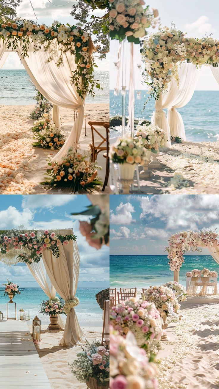 A picturesque beach wedding setup featuring elegant decor, beach-friendly flowers, and a stunning seaside ceremony setting. Beach Wedding Setup Outdoor Ceremony, Wedding Colors Beach Destination, Beach Wedding Boho, Beach Wedding Set Up Ideas, Key West Wedding Ideas, Beach Side Wedding, Beach Wedding Theme, Beach Weddings, Small Beach Wedding Ideas