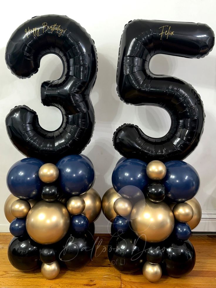 Number stack balloons for a 35th. Birthday!✨ Perfwct colors for him! Balloon decor for him! 35 Man Birthday Party, 35th Bday Ideas For Him, Men’s 35th Birthday, 35th Birthday Decor, Man 35th Birthday Ideas, Men 35th Birthday Party Ideas, 43 Birthday Ideas For Men, 34 Birthday Ideas For Him, 35 Year Old Birthday Ideas