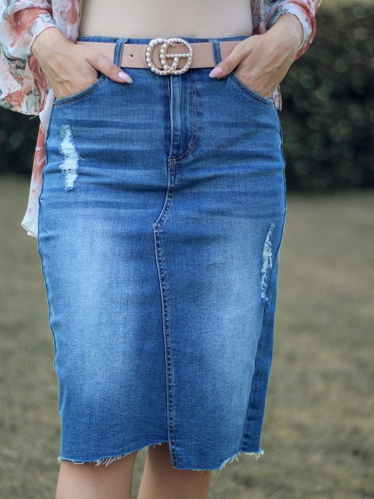 Denim lovers, this ones for you! The slight distressed look and raw hem of this pencil skirt adds little details that we love to see in denim skirts. Good quality fabric with stretch for that perfect fit make our Amarah Light Wash Denim skirt a closet staple! Details has stretch front zipper distressed hem runs true to size Sizing (measurements are approximate) Small - 28" waist | 36" hips | 24" length Medium - 30" waist | 38" hips | 24" length Large - 32" waist | 40" hips | 24" length X - large Blue Jean Skirts, Apostolic Fashion, Modest Skirts, Denim Skirts, Light Wash Denim, Circle Skirt, Style Outfits, Outfits Ideas, Modest Outfits