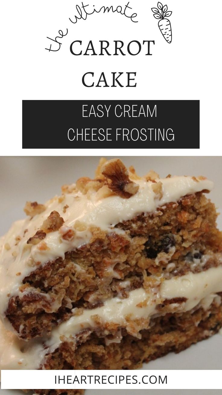 carrot cake with cream cheese frosting and walnuts on top, in front of the title