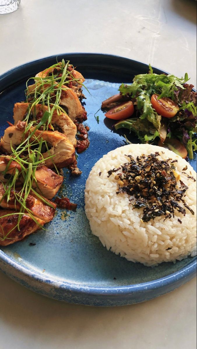 a blue plate topped with rice and meat