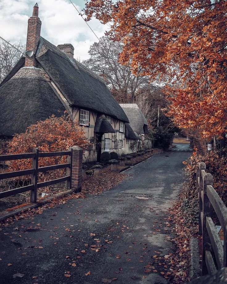 an old thatched house with a gate in the foreground and autumn leaves on the ground