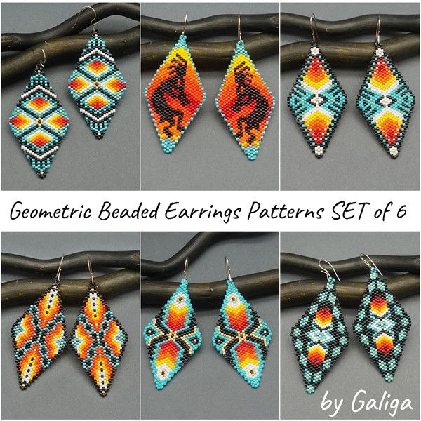 the beaded earrings pattern set is shown in six different colors and sizes, including oranges