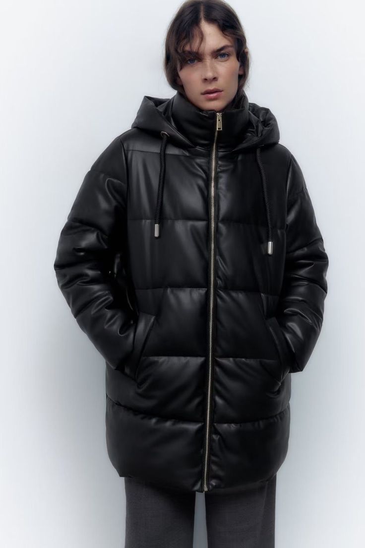 F00151988-101 Leather Puffer Jacket, Leather Puffer, Wind Protection, Leather Jacket With Hood, Cotton Coat, Puffer Coat, Casual Fits, Black Faux Leather, High Collar