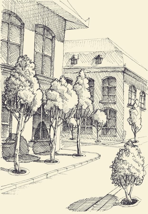 a drawing of a street with trees and buildings