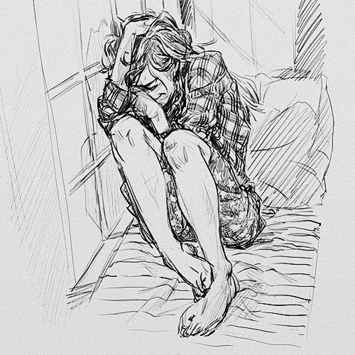 a black and white drawing of a woman sitting on the floor