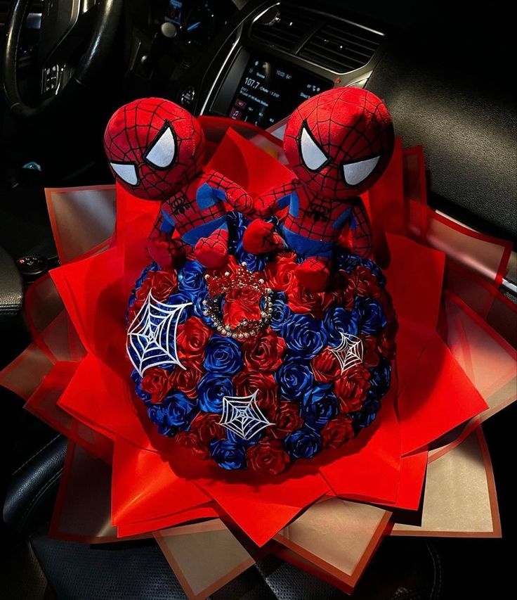 a spiderman bouquet in the shape of roses