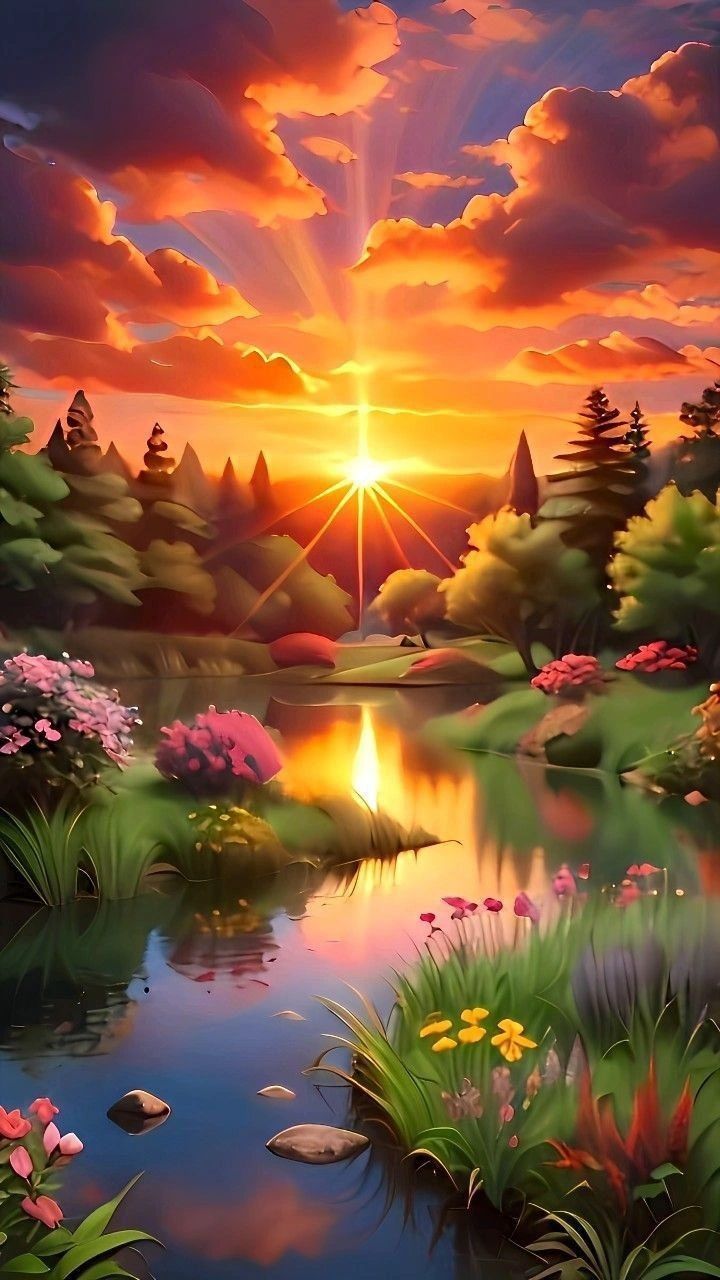 a painting of the sun setting over a lake with flowers and trees around it,