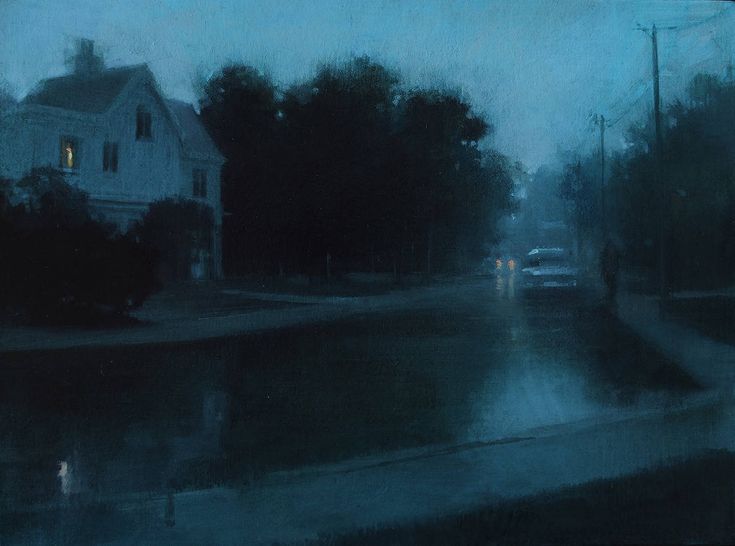 a painting of a street at night with cars parked on the side of the road