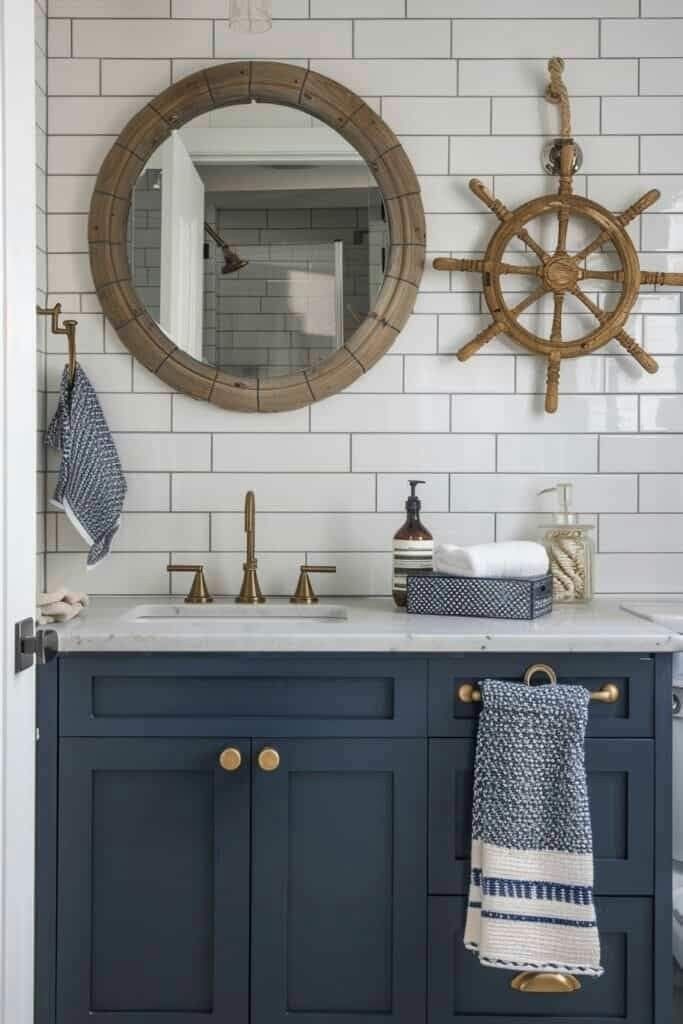 a bathroom with blue vanity and ship wheel mirror on the wall, along with white subway tile