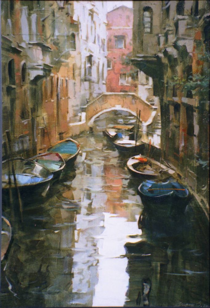 an oil painting of boats on a canal in venice, italy with buildings reflected in the water