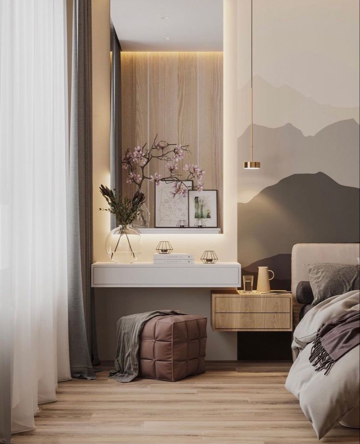 a bedroom with a bed, sink and mirror in it's corner next to a window