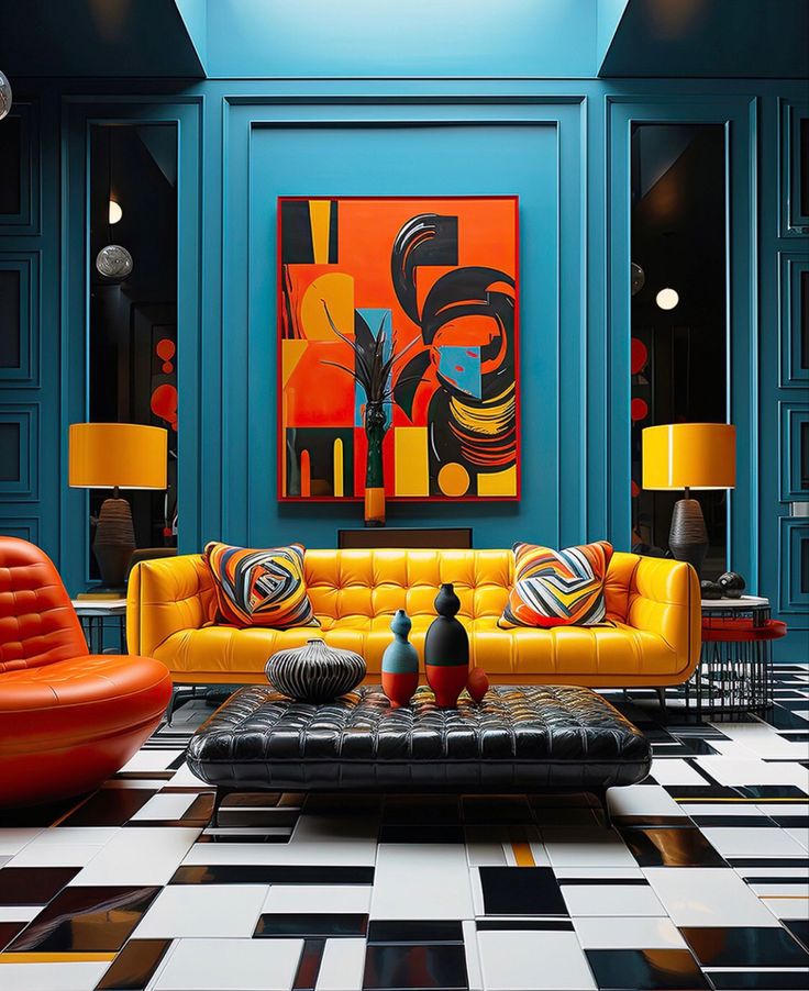 a living room filled with furniture and colorful paintings