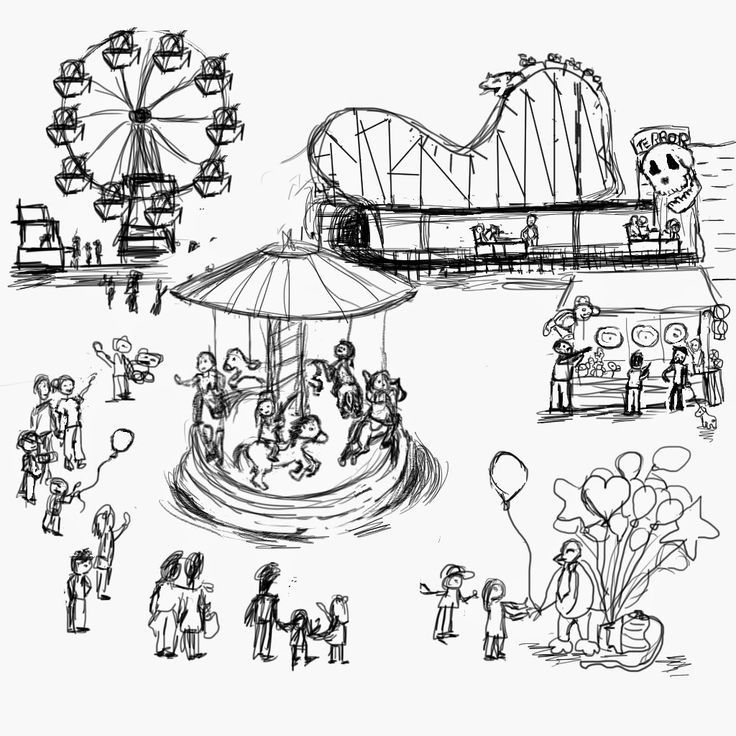 a drawing of people at an amusement park with ferris wheel and carnival rides in the background