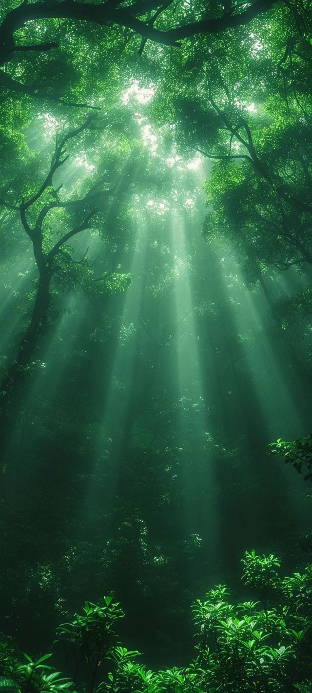 sunbeams shine through the trees in a green forest