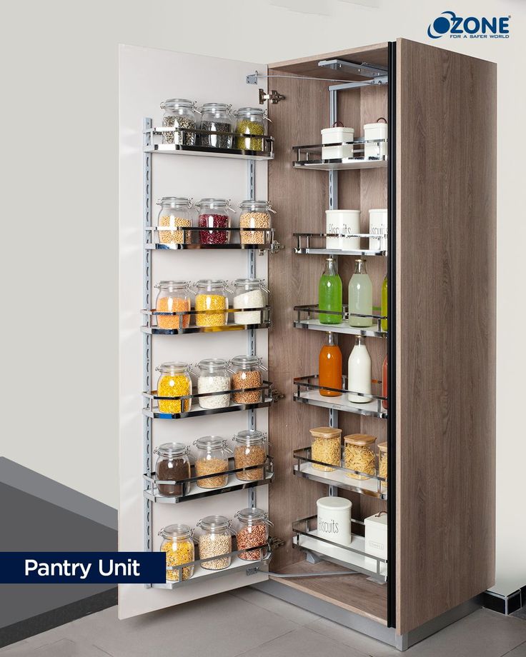 an open pantry unit with lots of food in it