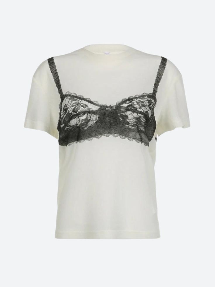 Grab the street-smart charm with this relaxed tee, featuring a peek-a-boo lace bralette design. Its effortless silhouette and unique detail fuse casual comfort with a flirty twist, embodying a casual yet chic aesthetic that stands out in any urban adventure. Lace bra printed design Print details at front & back Crew neck Short sleeve Cotton, polyester Trendy Tops With Built-in Bra For Loungewear, Trendy Loungewear Tops With Built-in Bra, Chic Summer Lace Top With Built-in Bra, Casual Crew Neck Top With Built-in Bra, Feminine Bra-friendly Tops For Loungewear, Chic Cotton T-shirt For Night Out, Chic Lace Crew Neck Top, Chic Scoop Neck Top, Bra Friendly, Fitted Bra-friendly Tops For Daywear