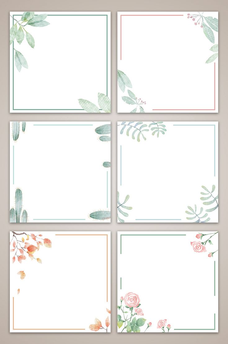 four square frames with flowers and leaves on the sides, all in pastel colors