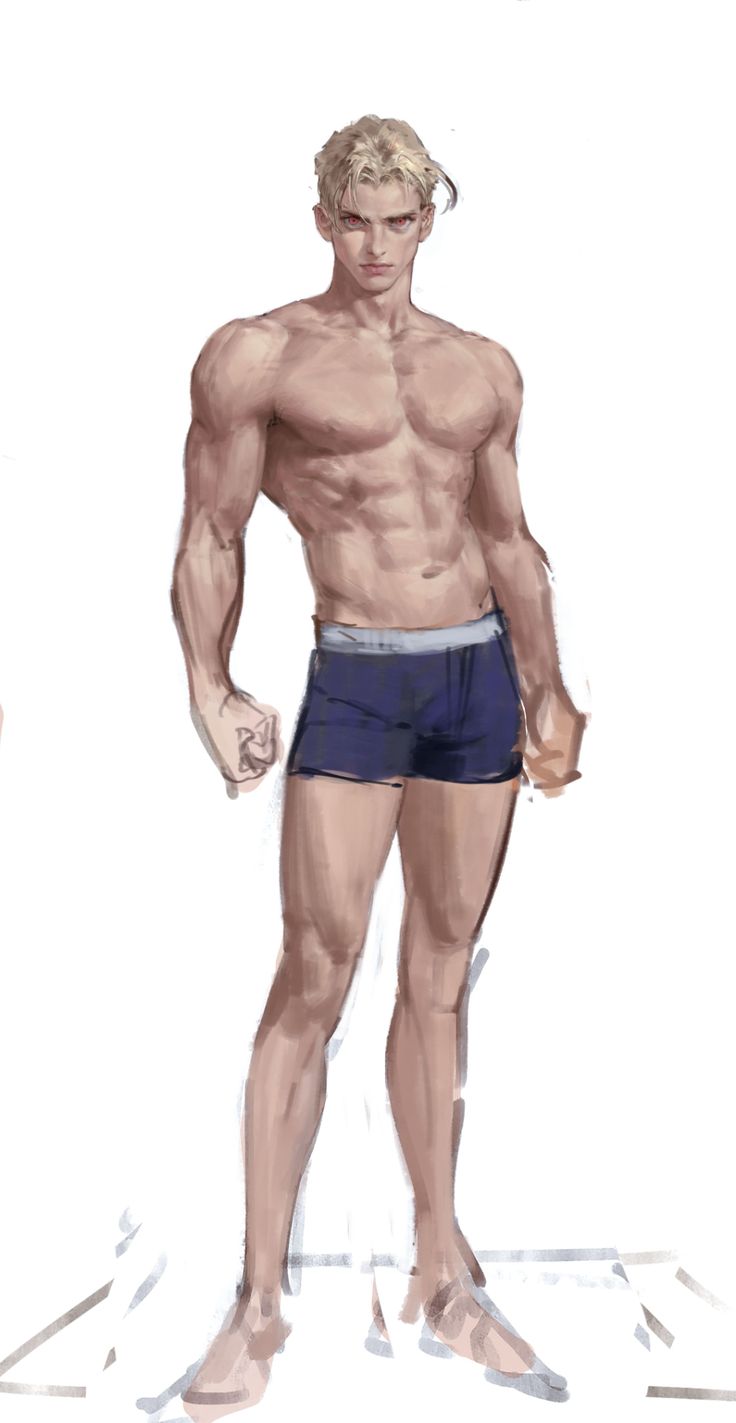 a drawing of a man with no shirt on standing in front of a white background