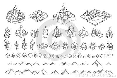 a set of hand drawn doodle style buildings and other objects, including mountains, houses,