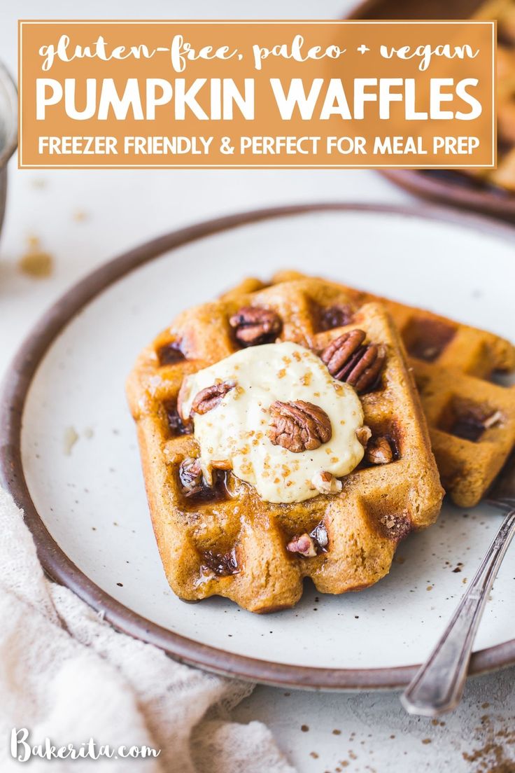 pumpkin waffles on a plate with ice cream and pecans in the background