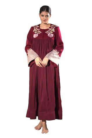 Maroon padded bodice anarkali with placement floral bloom embroidery and stripe pattern cuffs. - Aza Fashions Semi-stitched Kaftan For Designer Wear, Designer Anarkali Kaftan For Festivals, Anarkali Style Cutdana Kaftan For Festivals, Anarkali Kaftan With Zari Work For Diwali, Anarkali Cutdana Kaftan For Festivals, Cutdana Anarkali Kaftan For Festivals, Traditional Chanderi Kaftan With Cutdana, Silk Floor-length Kurta With Dori Work, Floor-length Silk Kurta With Dori Work