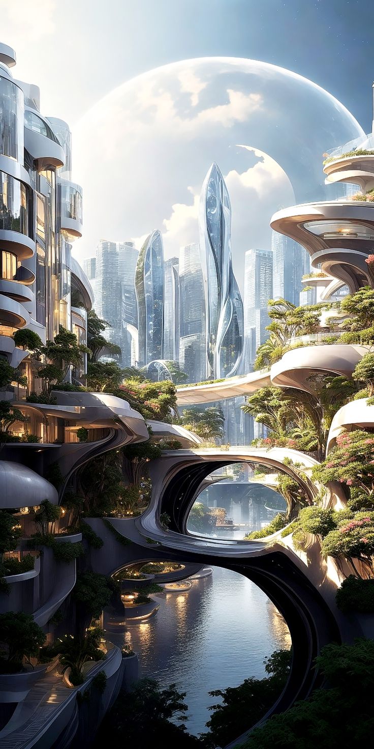 the futuristic city is surrounded by tall buildings