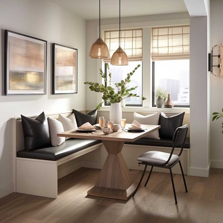 a dining room table with two chairs and a bench