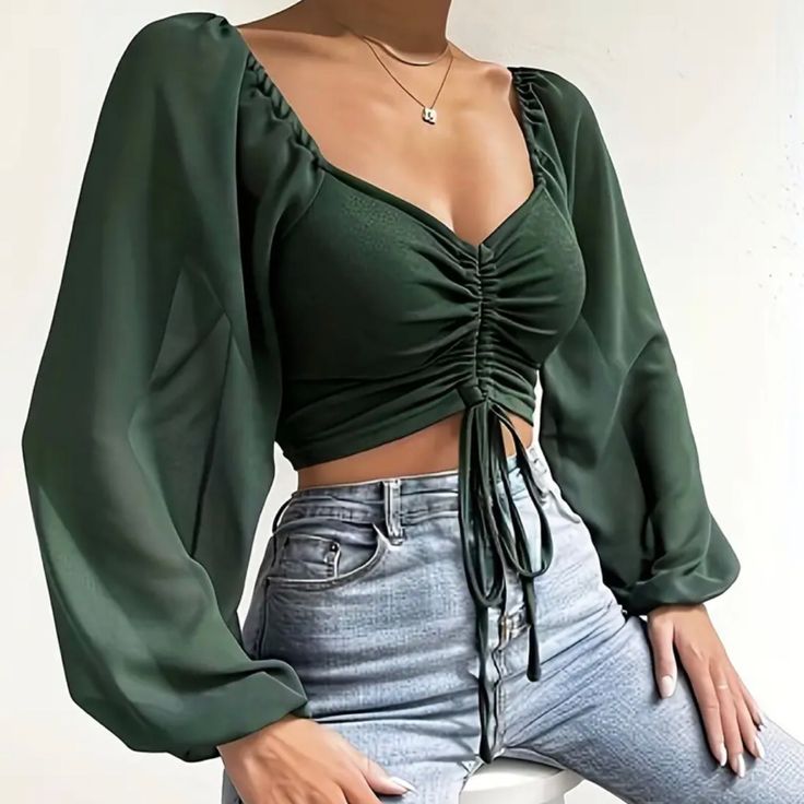 Long Sleeve Crop Top With Drawstrings In Dark Green. Available In Size L. Dark Green Crop Top, Plus Size Kawaii, Second Semester, Looks Pinterest, Womens Pajama Shorts, Sleeveless Sweater Dress, Patch Work Blouse, Green Crop Top, Outfit Mujer