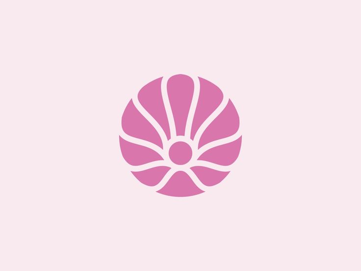 a pink and white logo with the shape of a flower on it's side