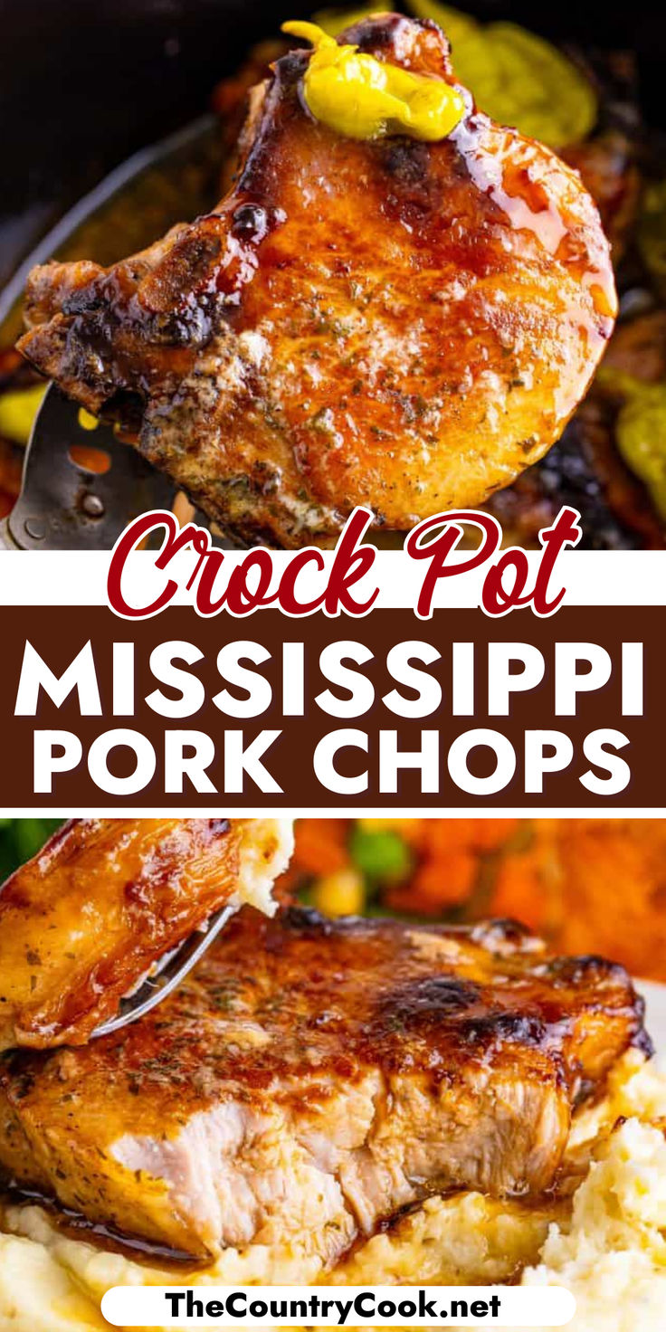 the crock pot mississippi pork chops are served on mashed potatoes