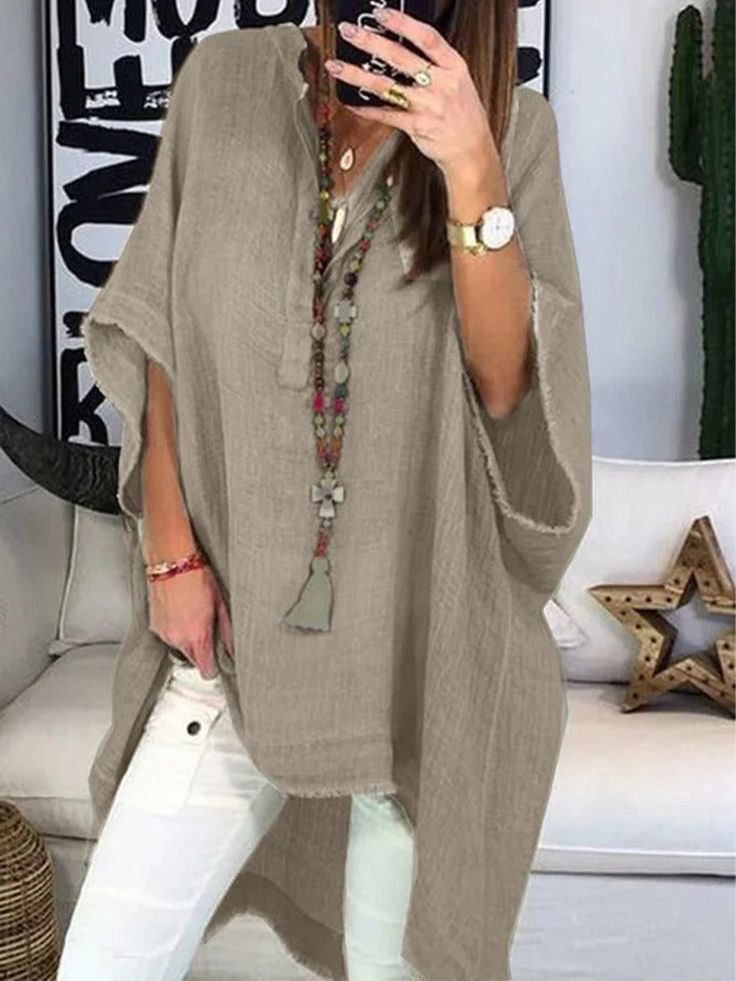 Gray Half Sleeve Boho V Neck Blouse Casual Solid V-neck Tunic, Casual Split Neck Tunic For Fall, Boho Plus Size, Winter Blouses, Estilo Hippie, High Low Blouse, Half Sleeve Blouse, Mode Boho, Bodo